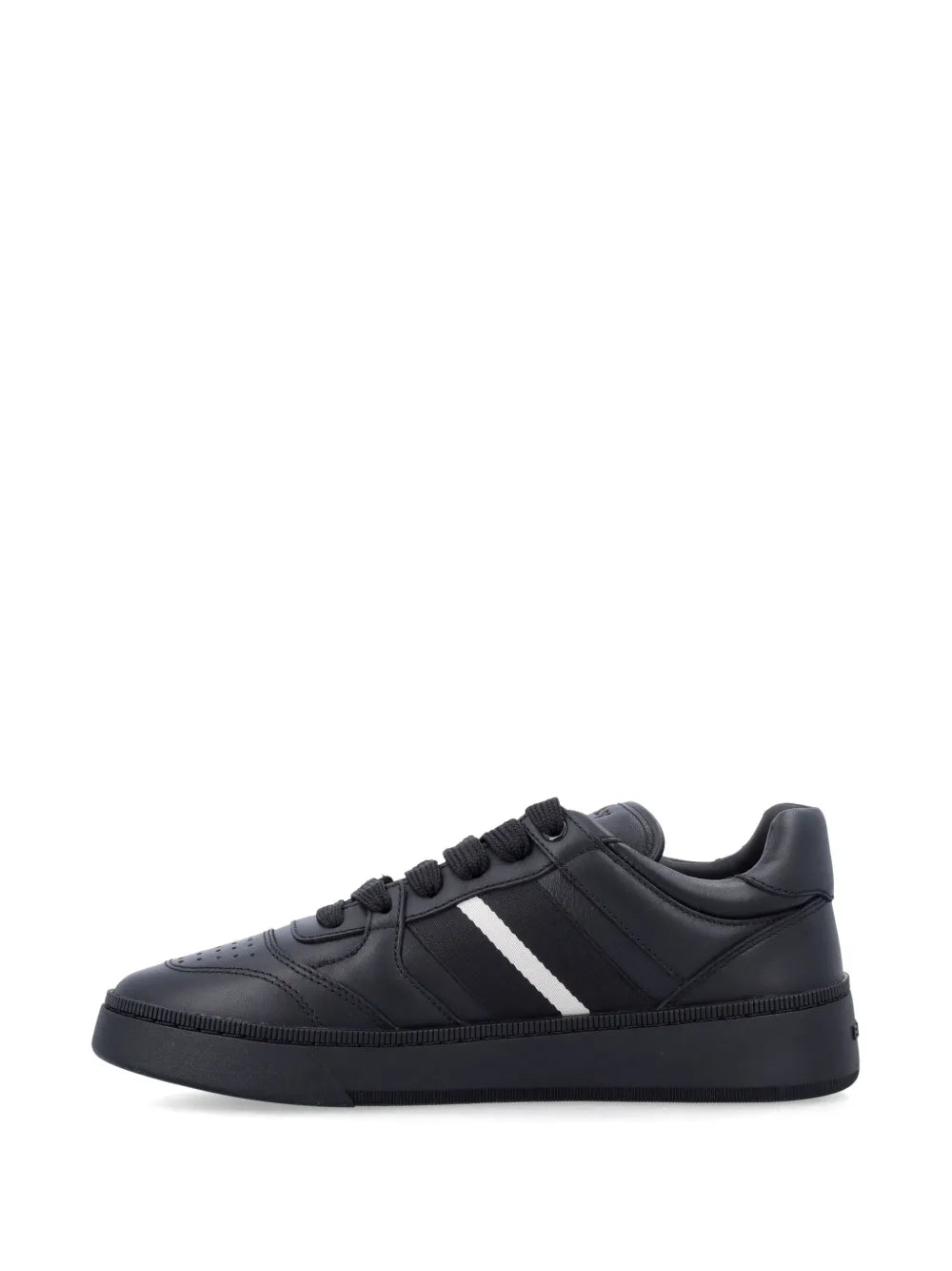 Black low-top lace-up sneakers with white side stripe and Bally logo.
