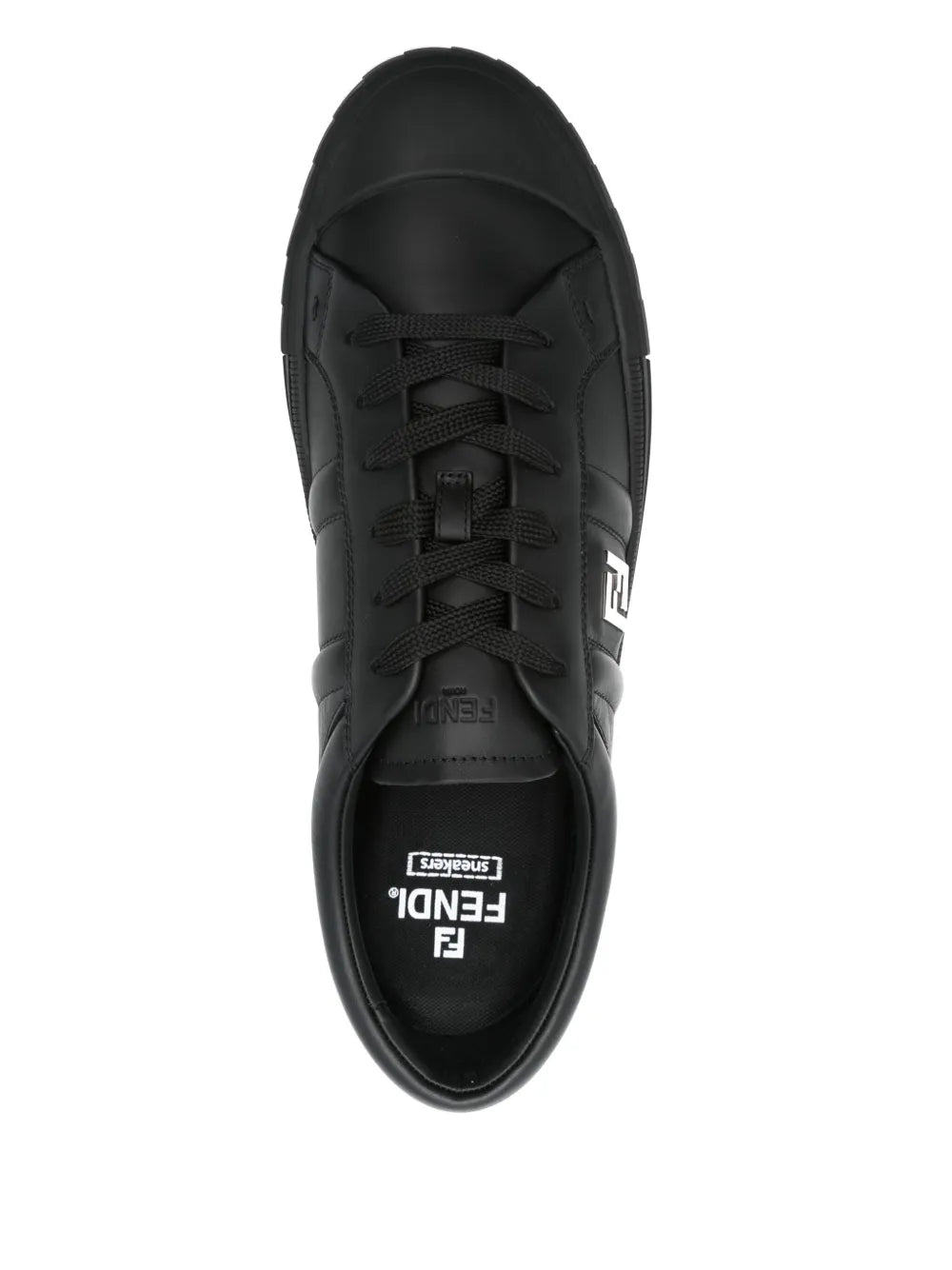 Black Fendi Domino sneakers, front view with lace-up vamp and Fendi logo tongue pull