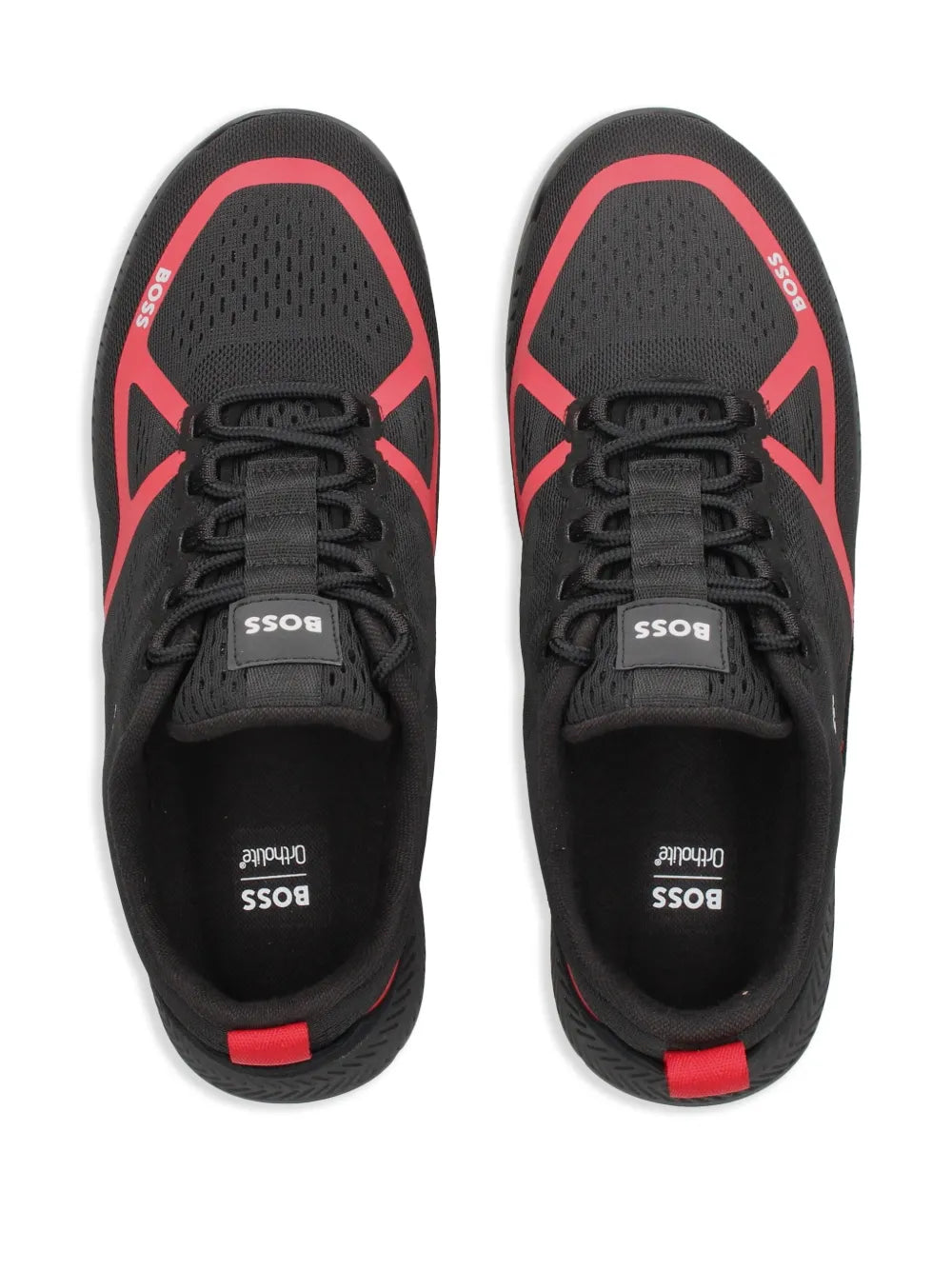 Black sneaker pair with red-trimmed insoles and BOSS logo on tongues