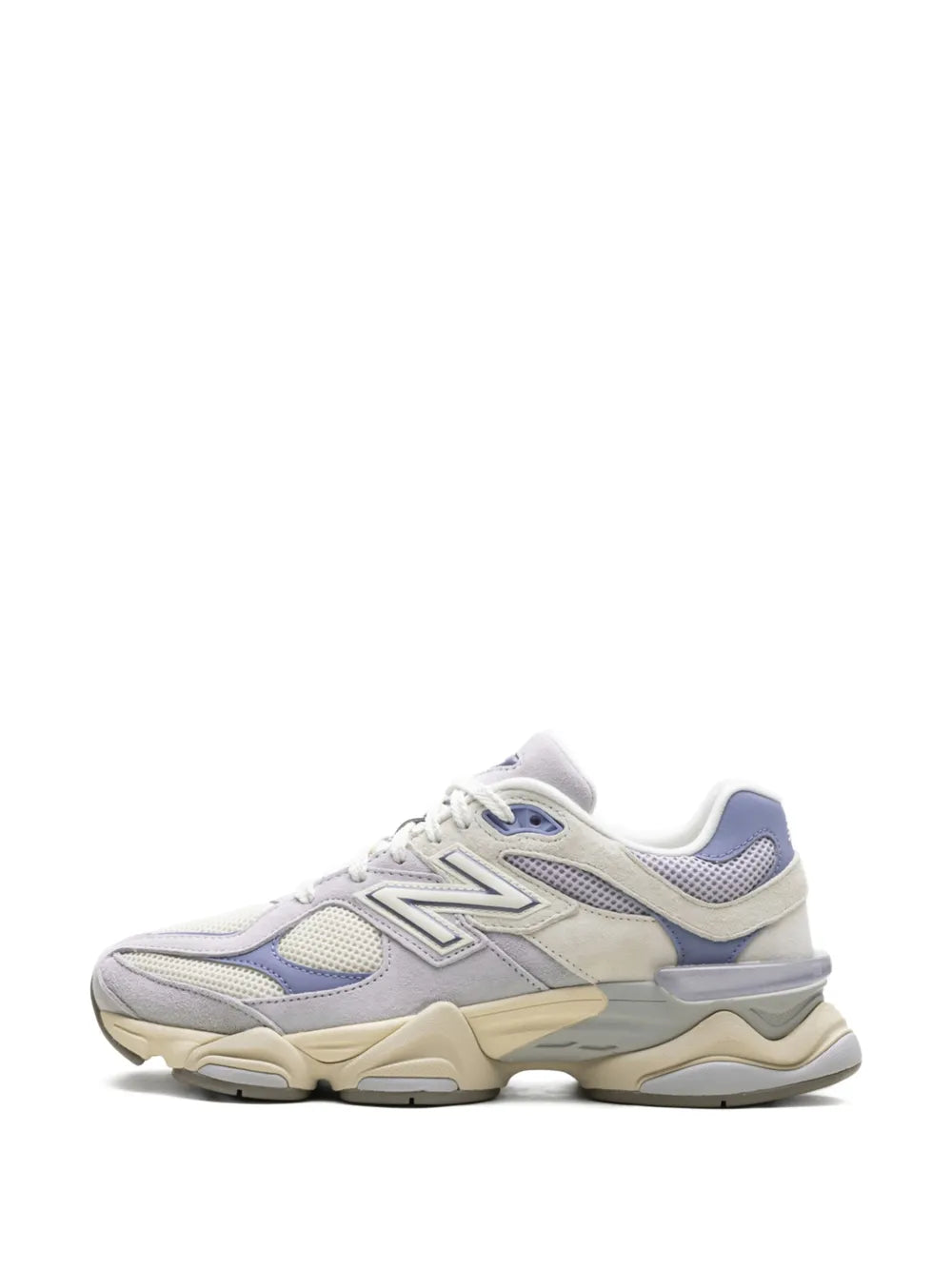 New Balance 9060 sneakers angled view, light grey with blue and beige trim