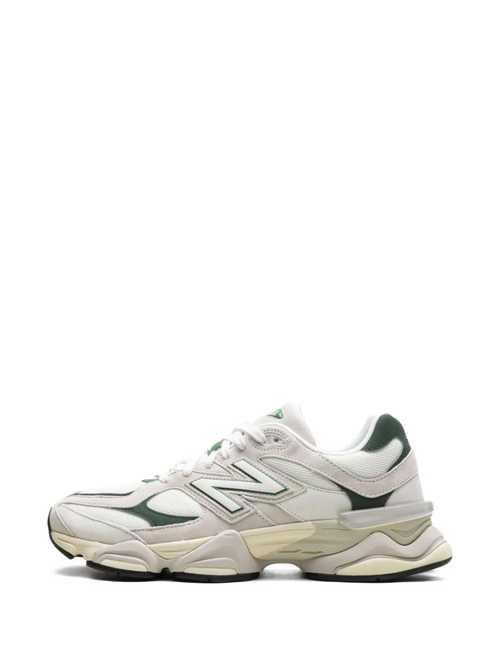White lace-up sneakers with green panels and New Balance N logo, thick midsole