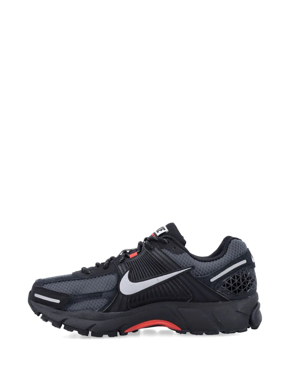 Nike running shoe front quarter, black upper with red outsole line