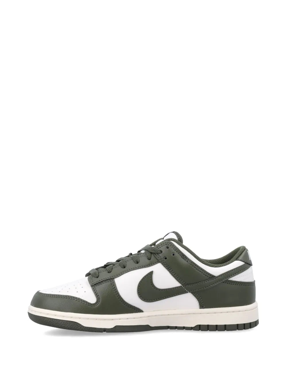 Nike Dunk Low Retro low-top sneaker with white toe and dark green overlays, lace-up