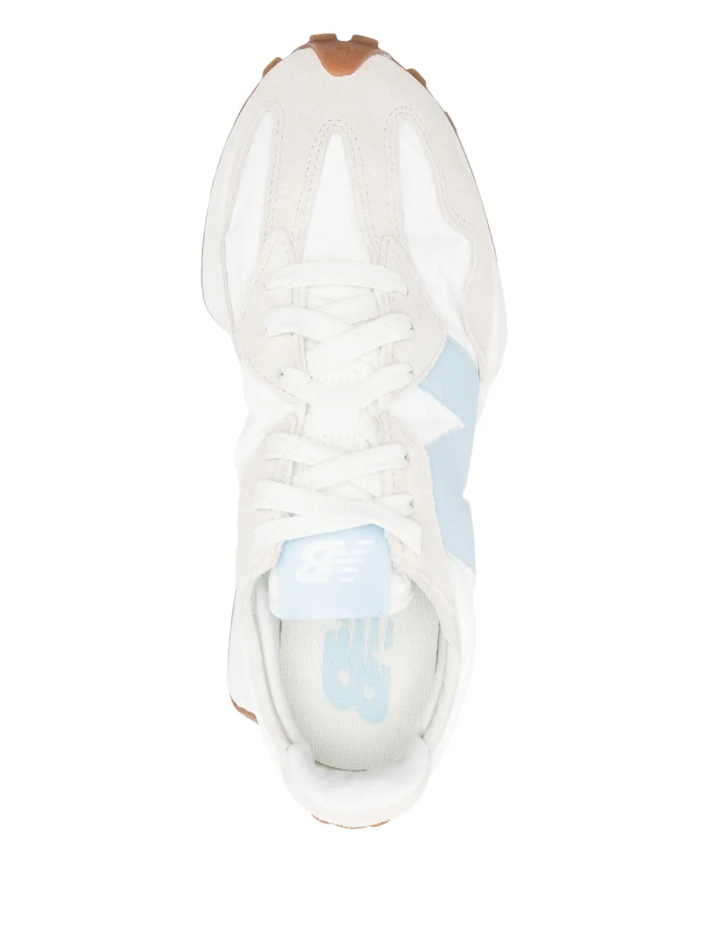 Low-top sneaker top/side view, white upper with light blue heel logo, lace-up