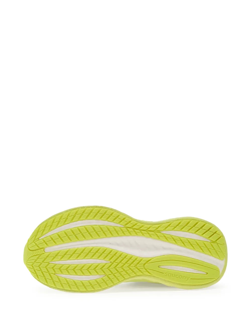 Lime green Saucony running shoe, bottom view with textured traction pattern