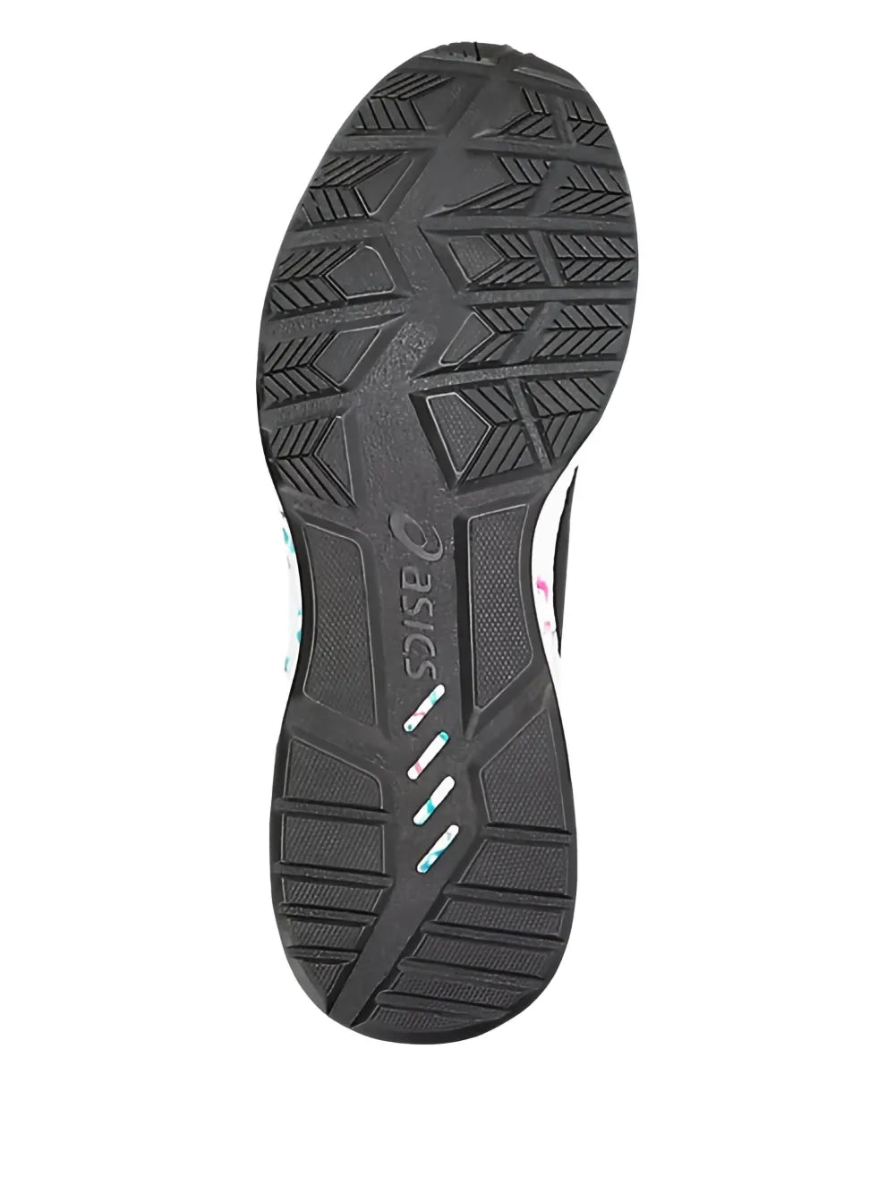 Black rubber outsole with textured tread and speckled midsole edge