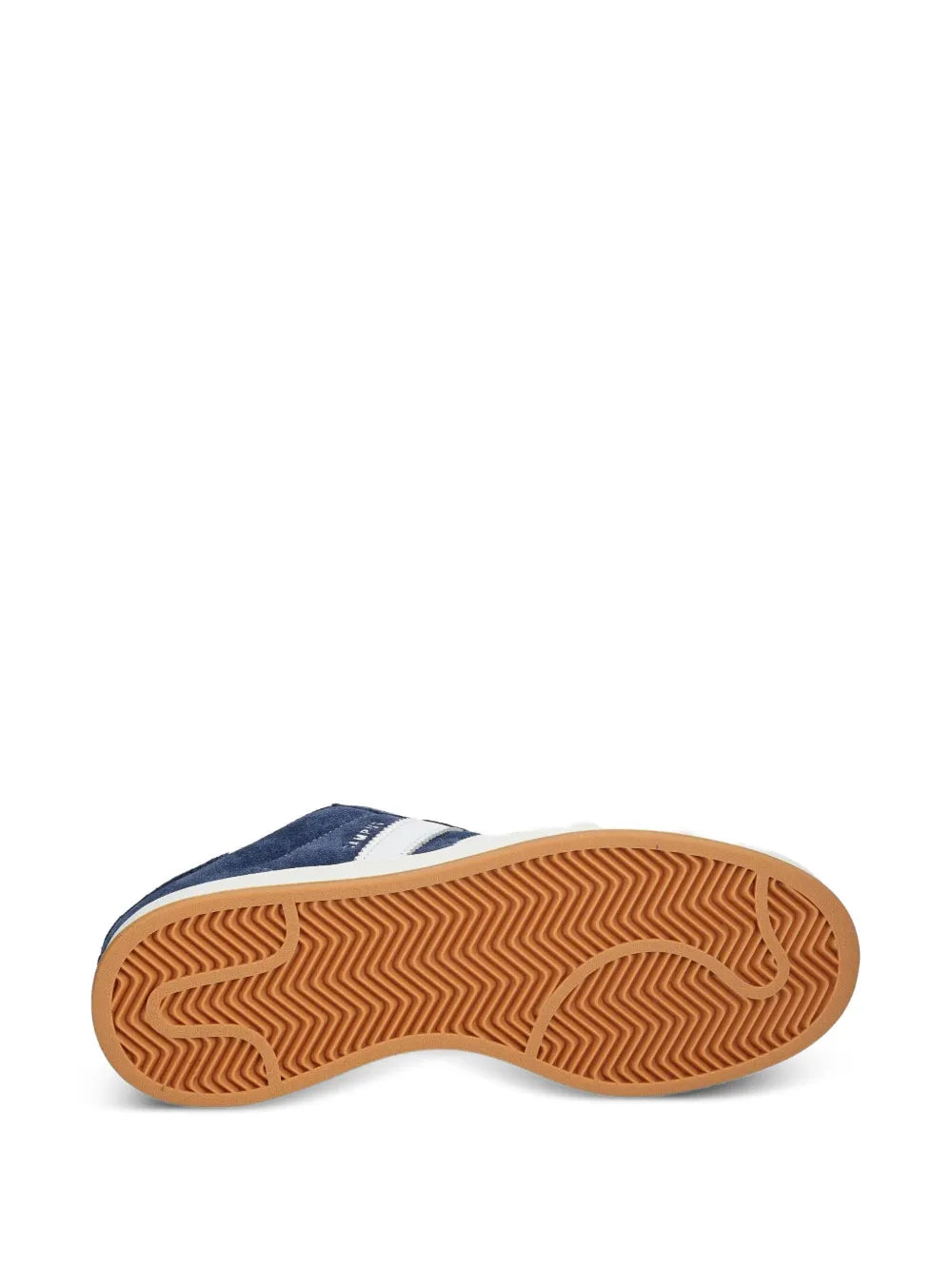 Blue sneaker outsole with herringbone tread and gum rubber edge