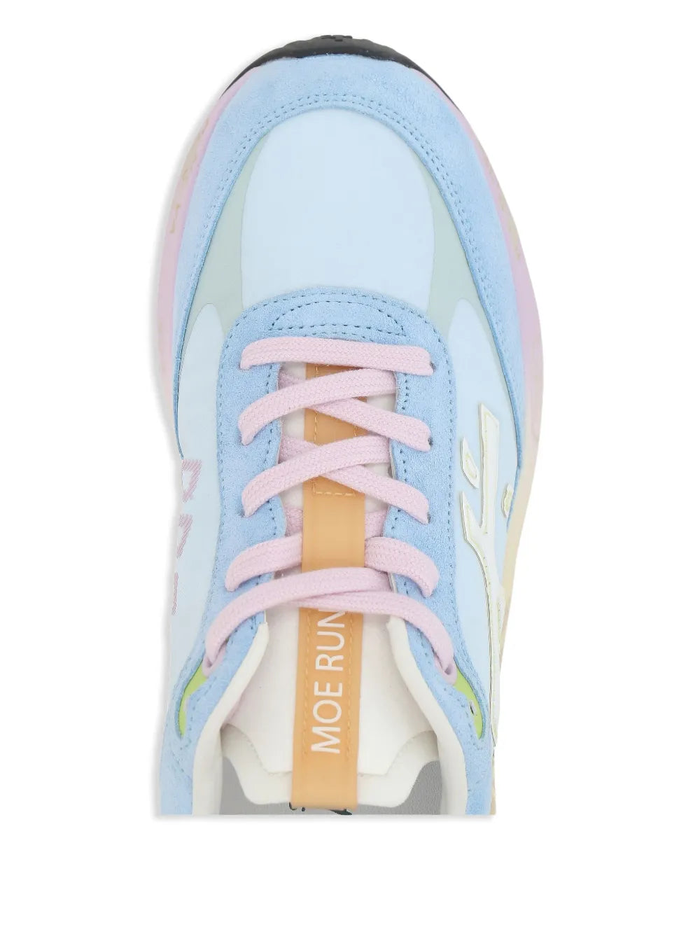 Light blue low-top sneakers with pink laces and white tongue, beige lining