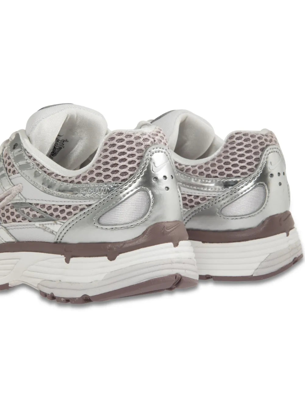 Sneakers heel view, light gray mesh with silver Swoosh and cushioned chunky sole