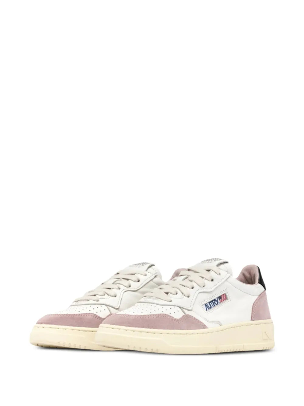 Low-top lace-up sneaker, white upper with mauve overlays and black heel