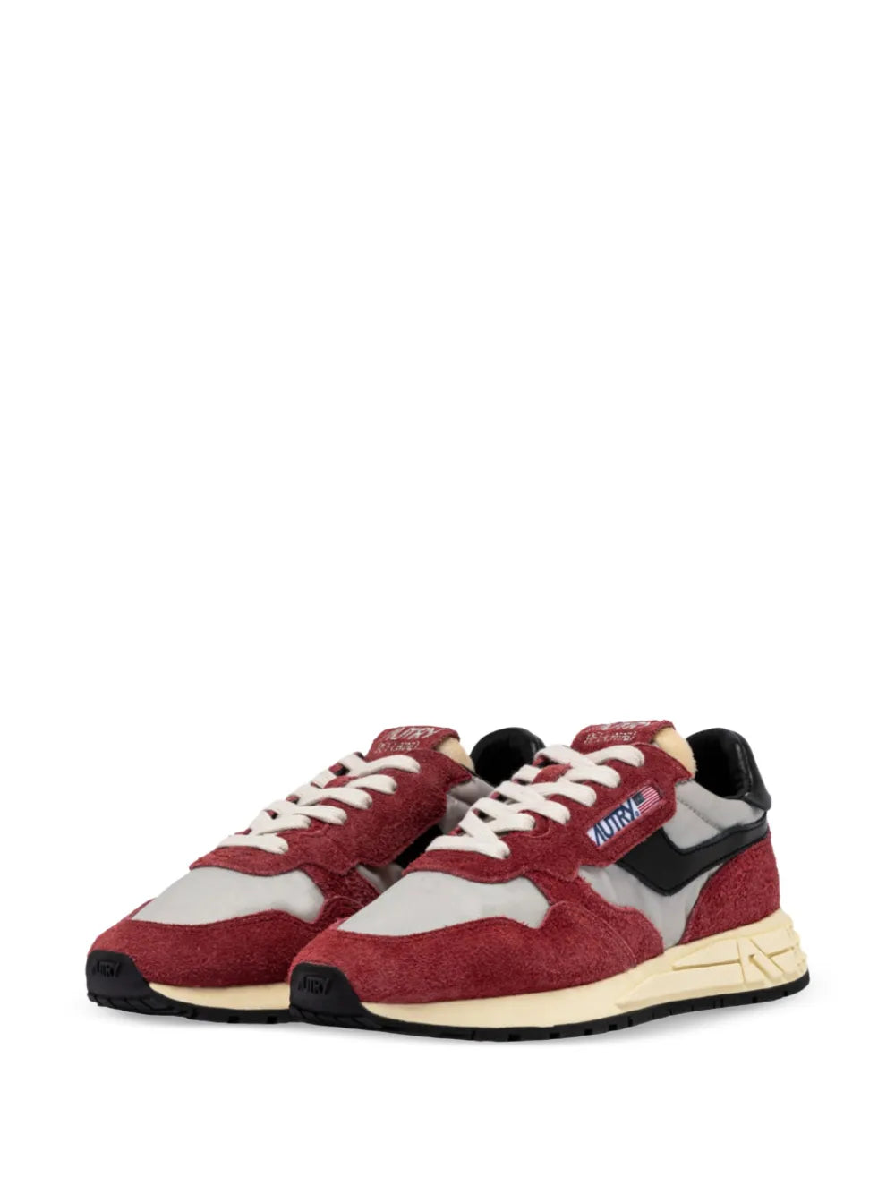 Women's low-top sneakers, burgundy suede with white laces, black heel, cream sole