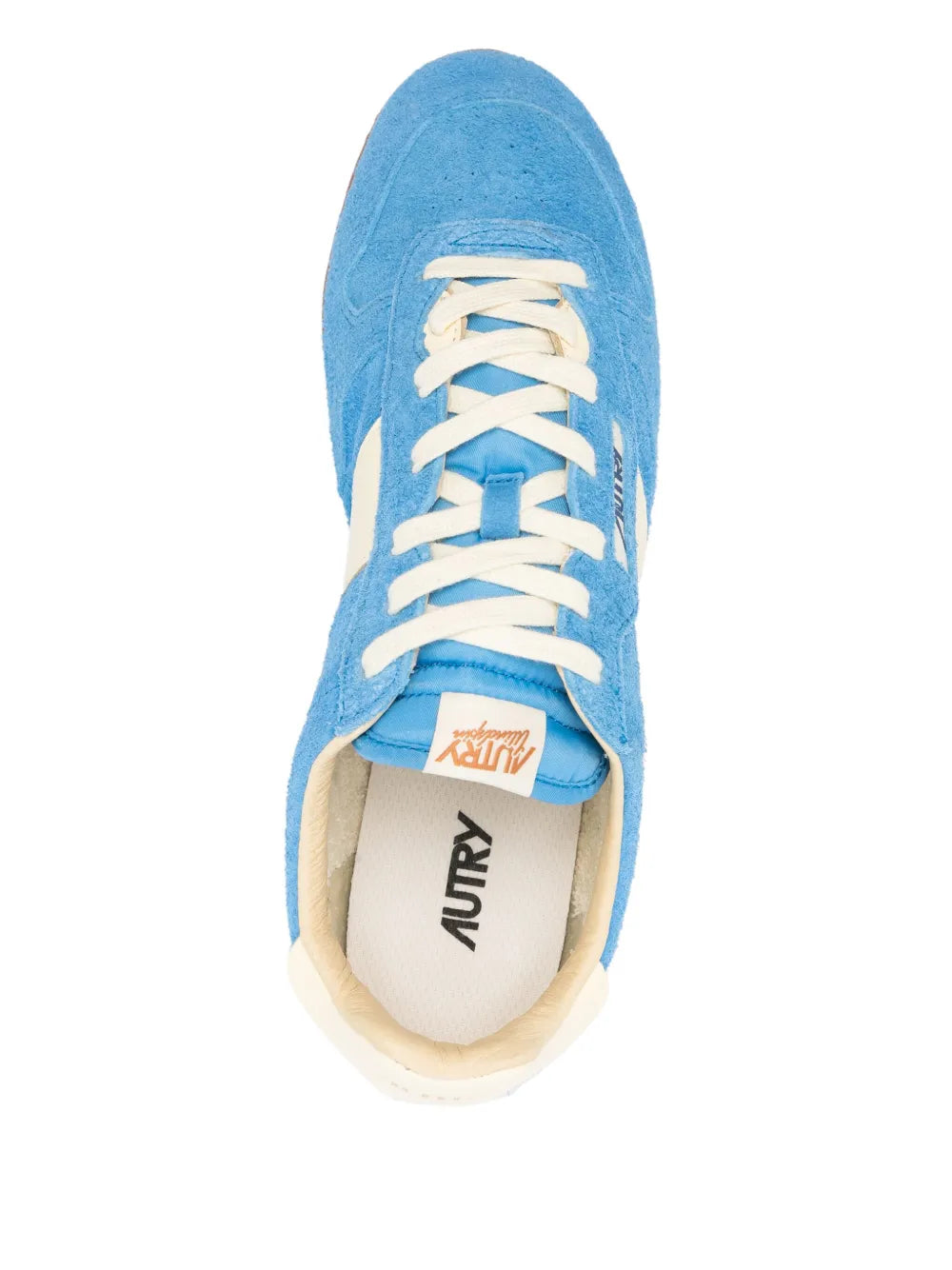 Pacific blue sneakers, lace-up front with cream laces and Autry-branded tongue