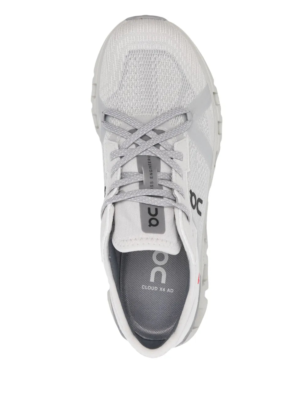 On Cloud X 4 light grey sneaker, front lace-up and mesh tongue with logo branding