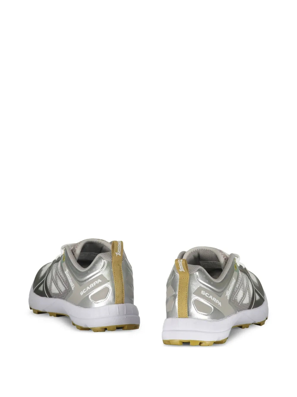 Gunmetal grey sneakers rear view with branded heel and yellow-trimmed sole