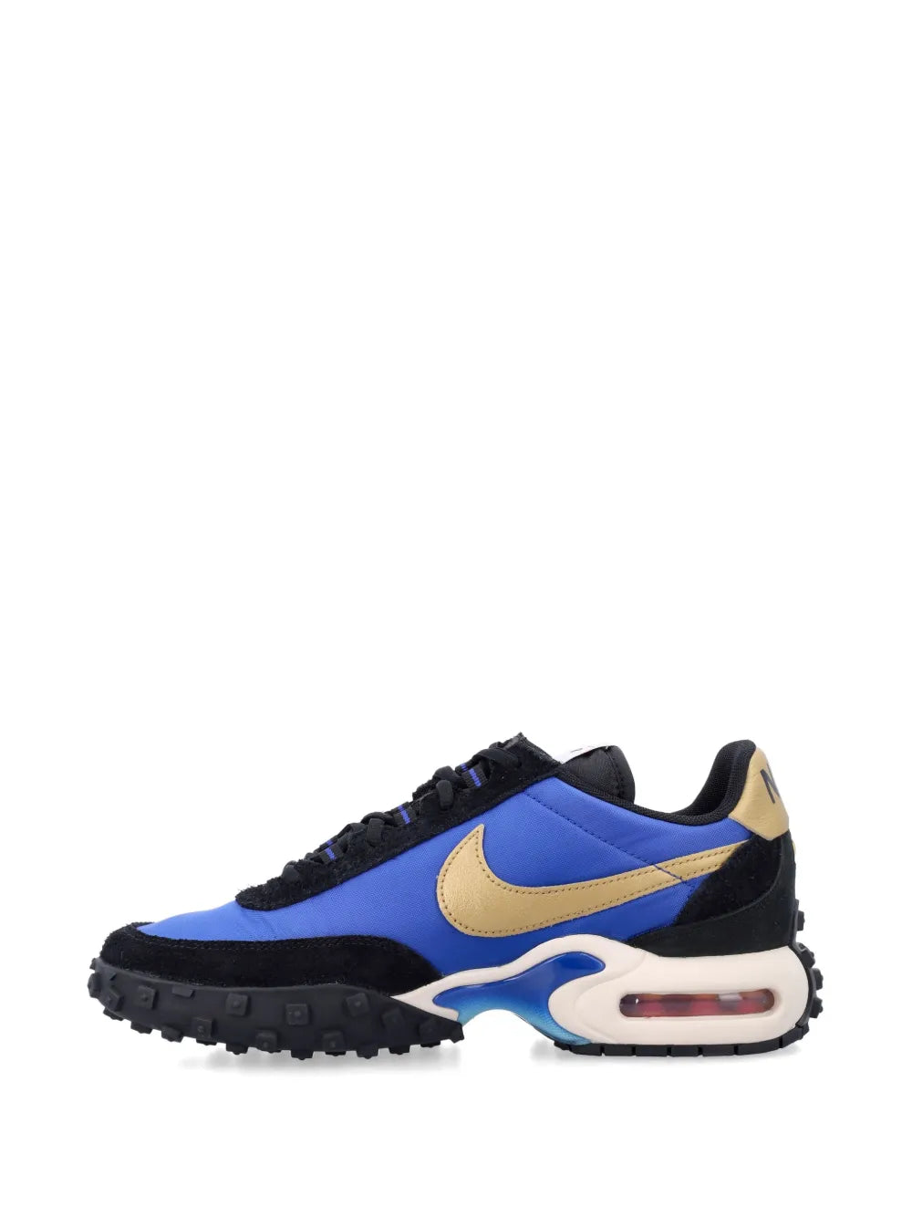 Nike Air Max Waffle side view, blue suede with black trim and tan swoosh, lace-up
