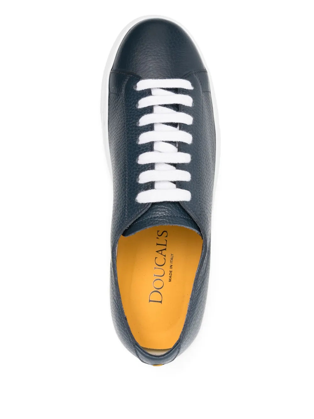 Blue leather sneaker with white laces and yellow Doucal's insole