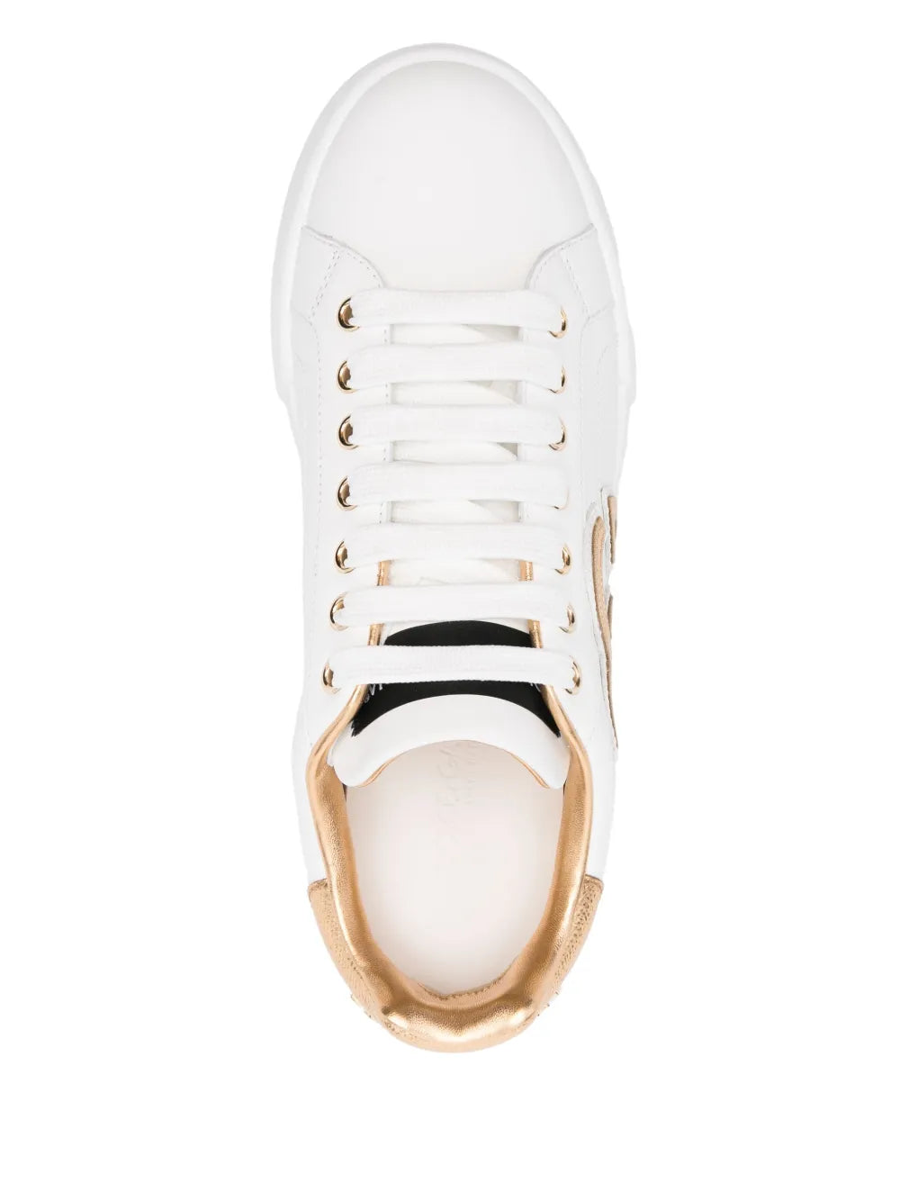 White lace-up sneaker with gold eyelets and metallic heel collar, DG patch