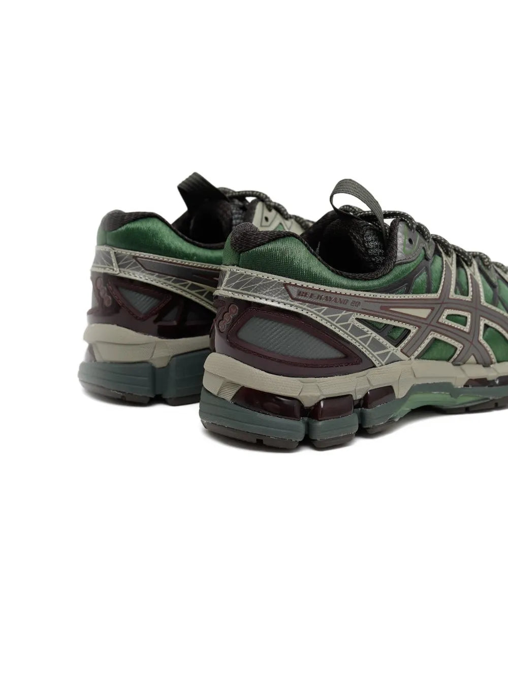 ASICS Gel-Kayano 20 running shoes, heel and side detail, green and gray lace-up