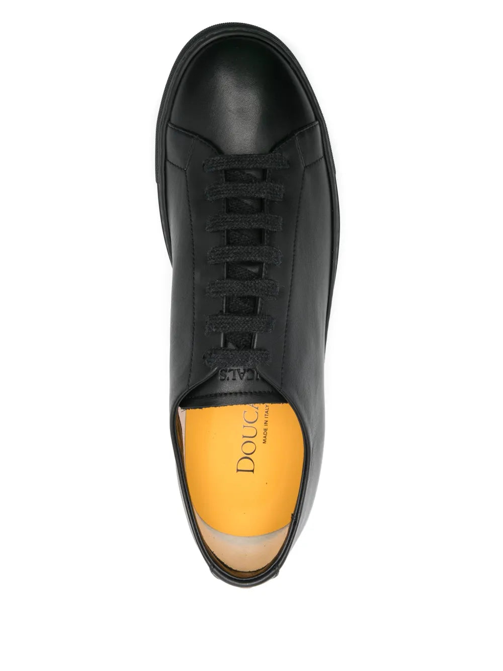 Black leather lace-up sneakers, close-up of insole with Doucal'S logo