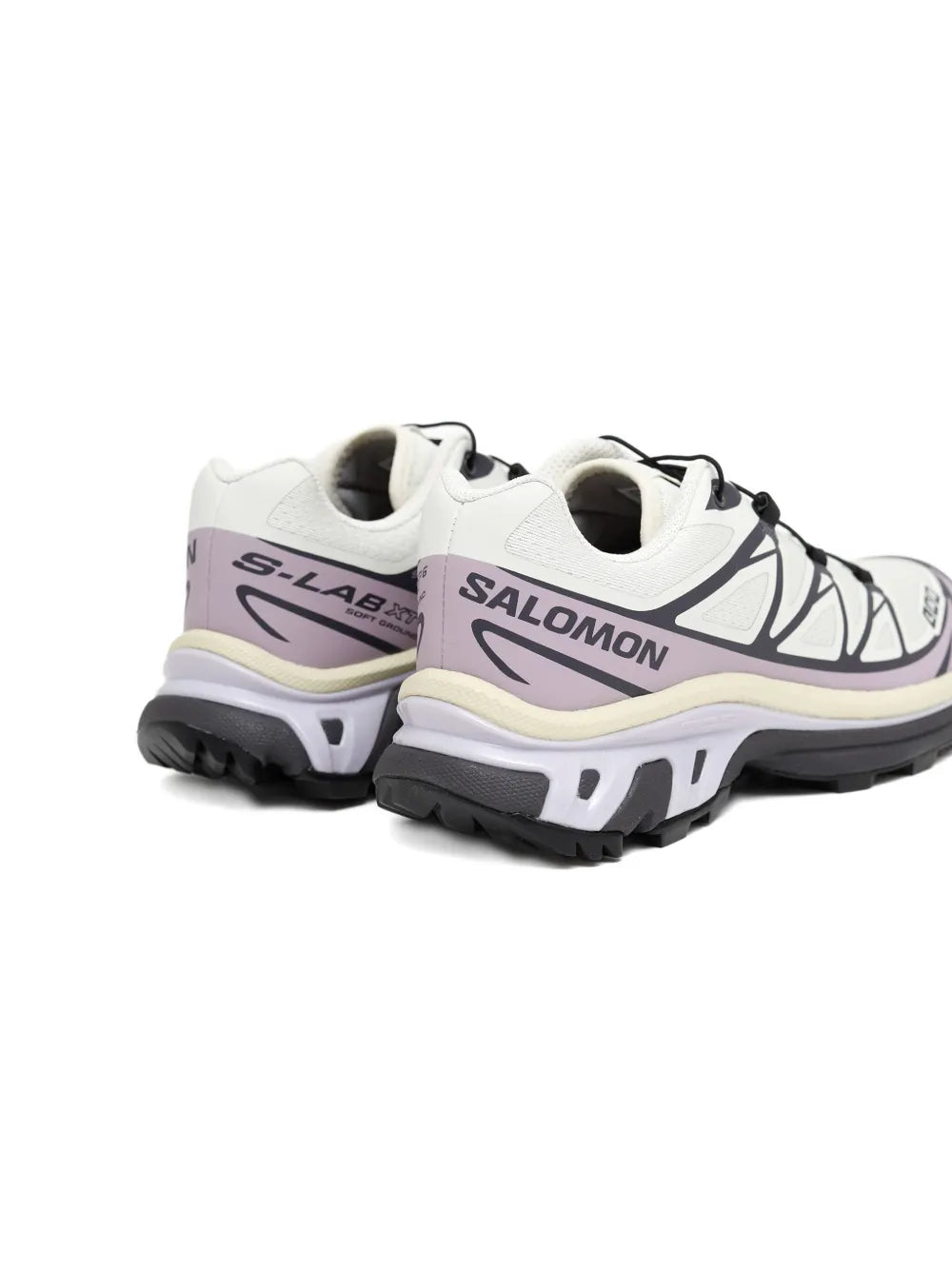 White & lilac sneakers with heel branding, black laces, rugged outsole