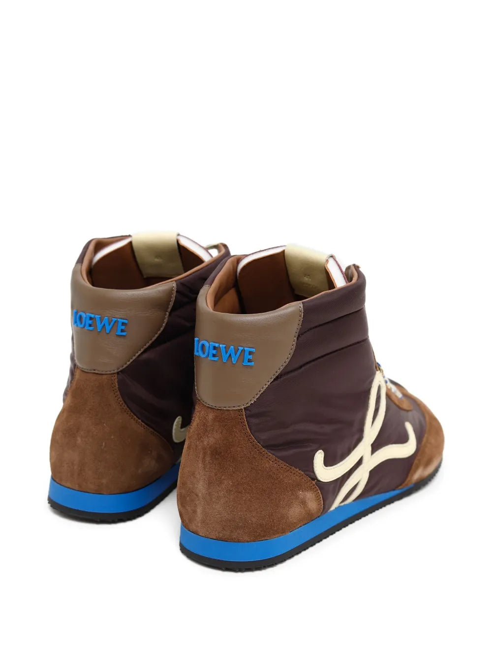 LOEWE Ballet Runner hi-top sneaker with brown panels, beige heel tab, blue sole