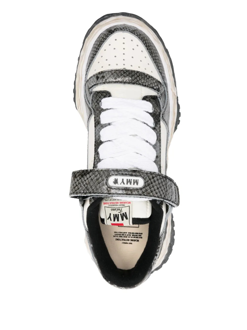 Maison Mihara Yasuhiro Keith sneakers, front view, taupe grey with white laces and strap.