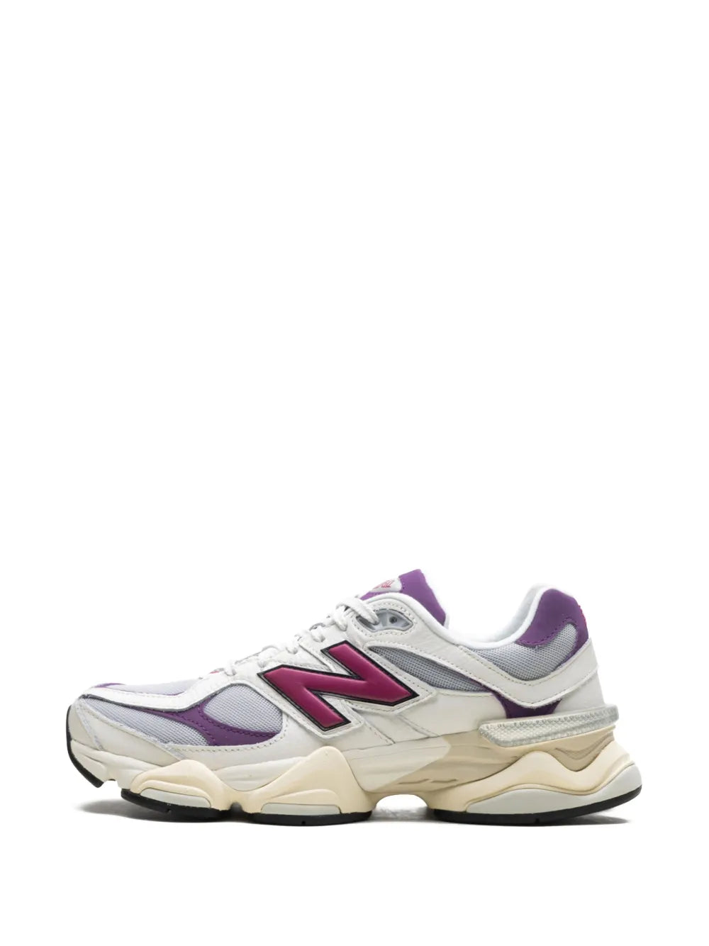 New Balance 9060 sneaker profile, white with purple overlays and beige midsole