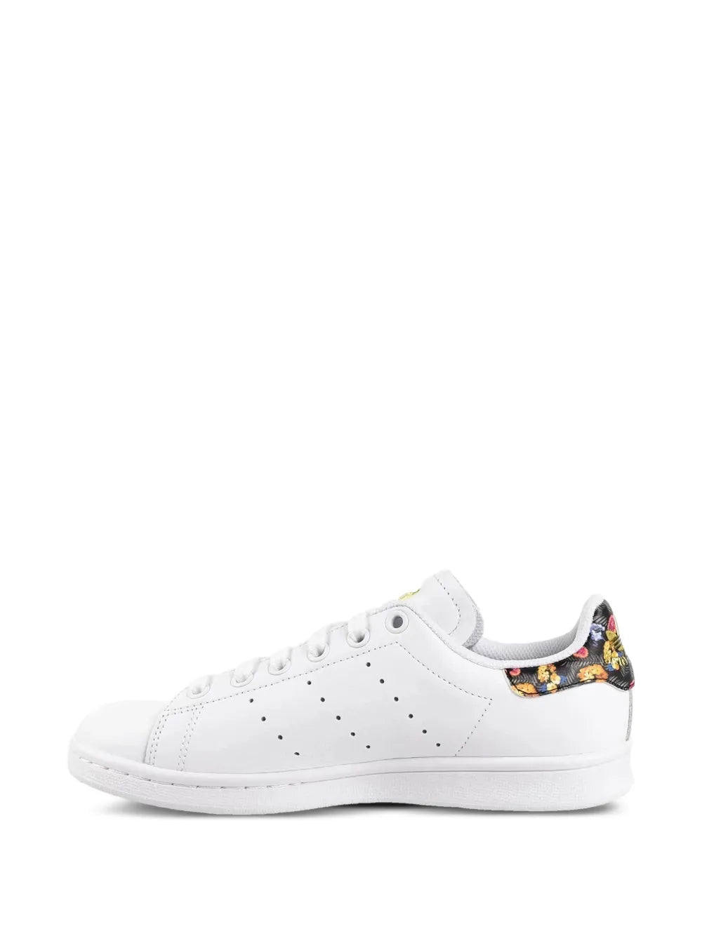 White Stan Smith-style sneaker with perforations and floral collar trim