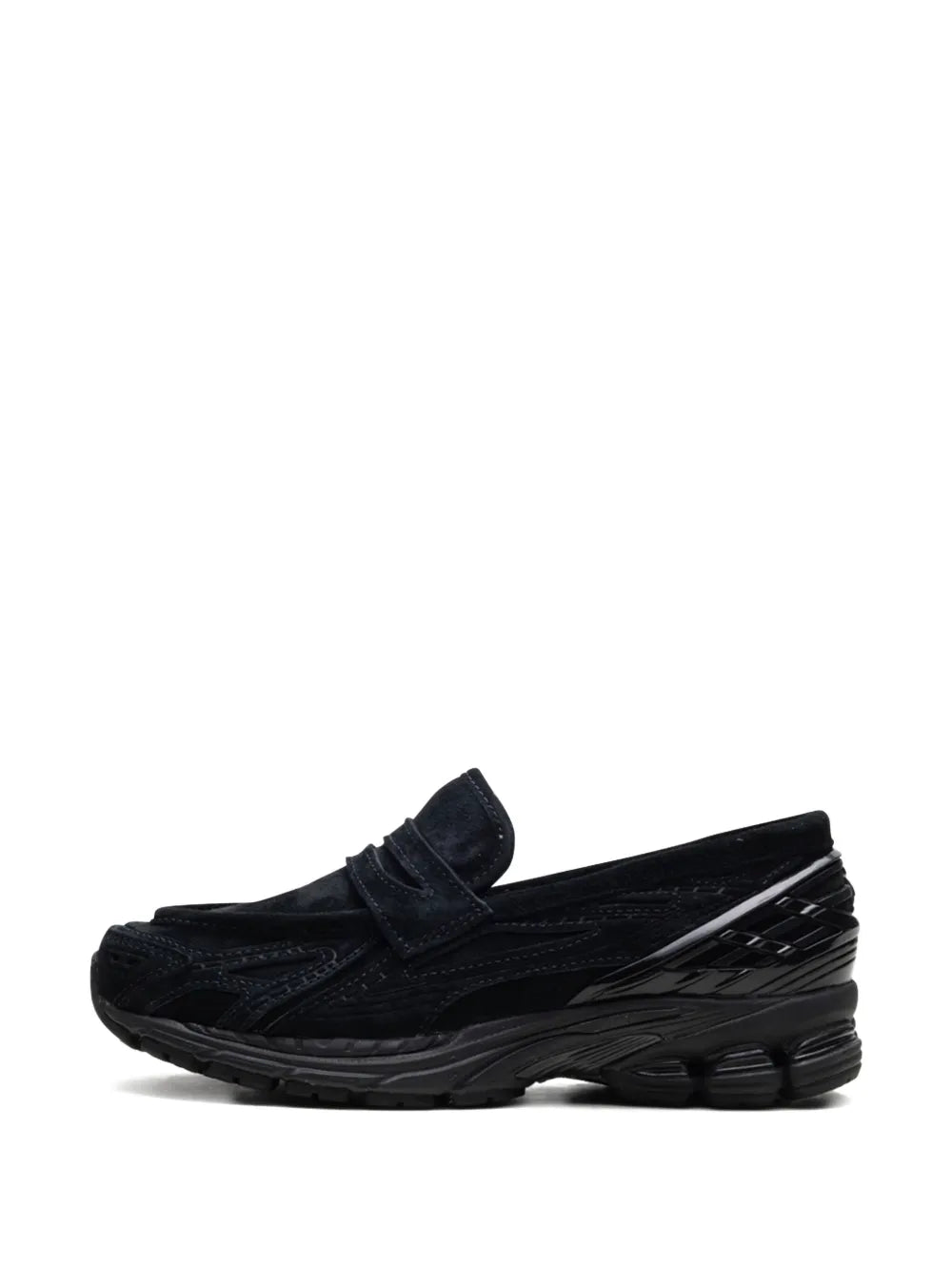 New Balance 1906L black suede sneakers, front side view with hook-and-loop strap