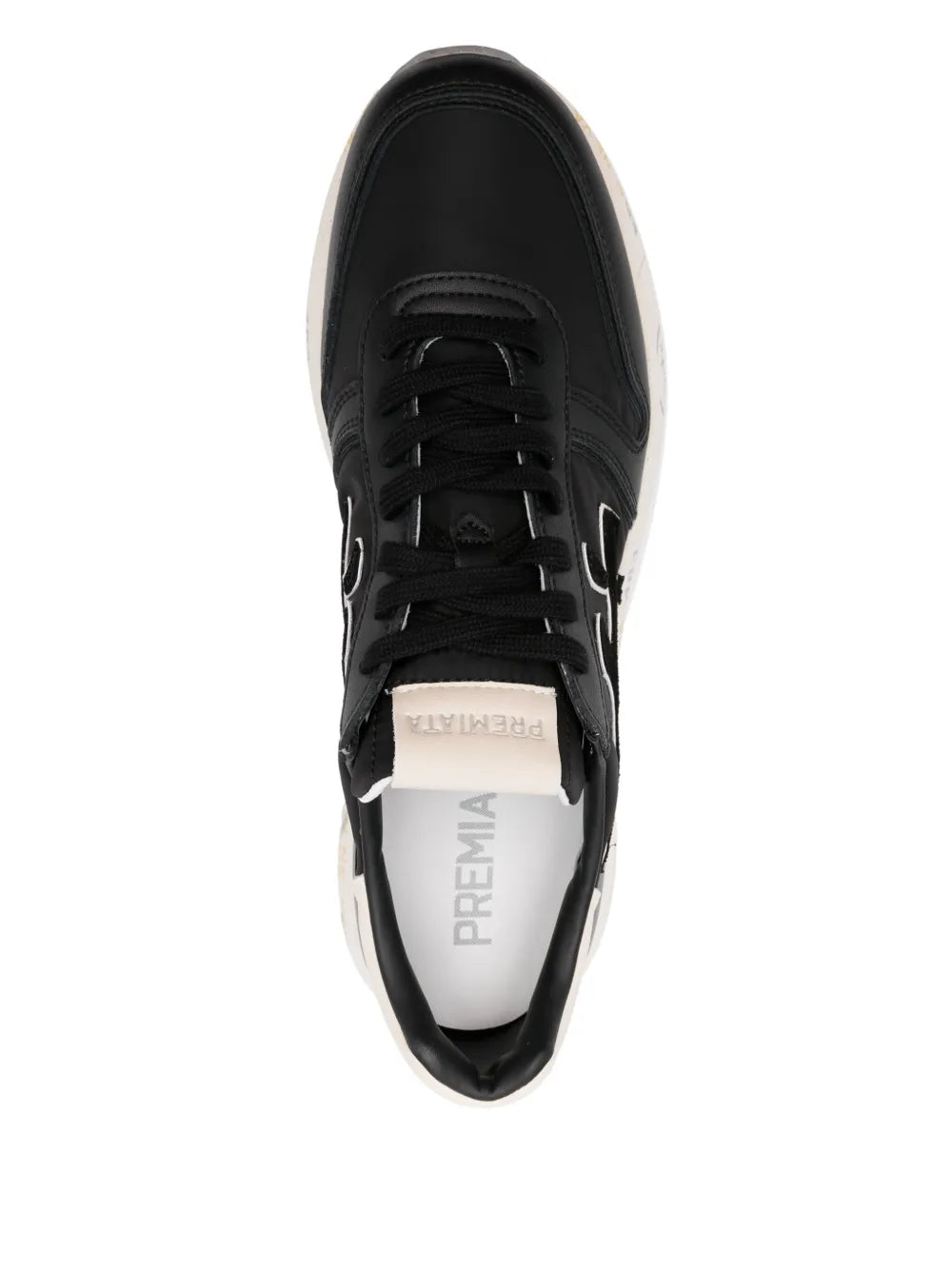 Black lace-up sneakers with padded collar and cushioned interior lining