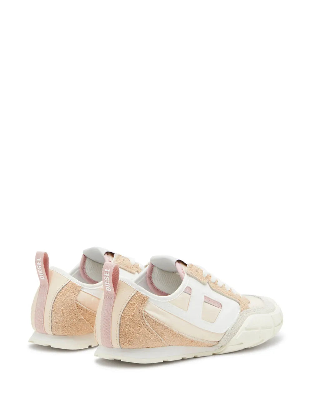 Beige and white low-top sneakers with lace-up front and pink heel strap