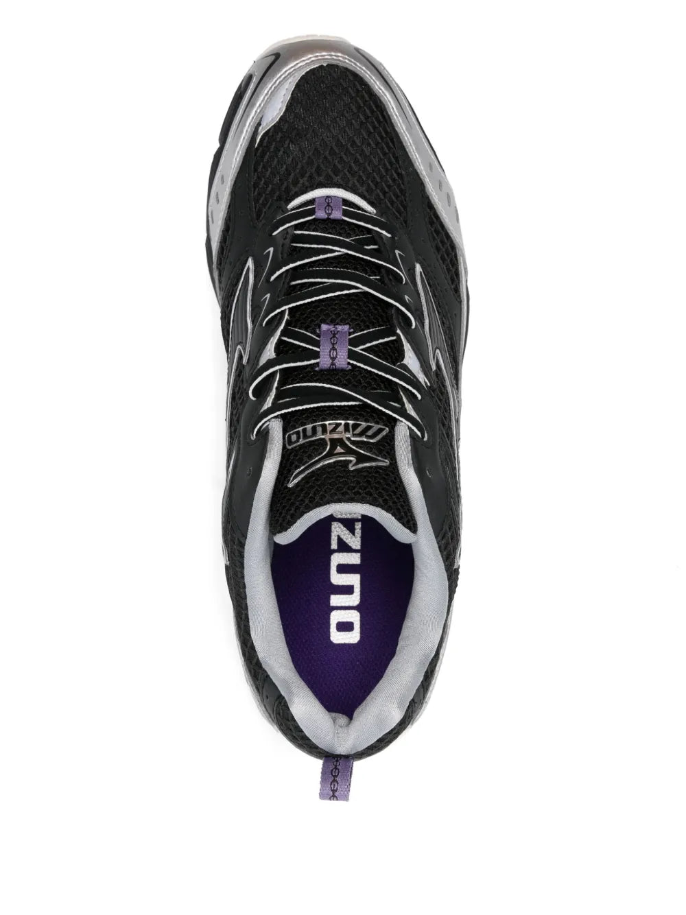 Black sneaker tongue and laces with Mizuno MXR branding and purple accents