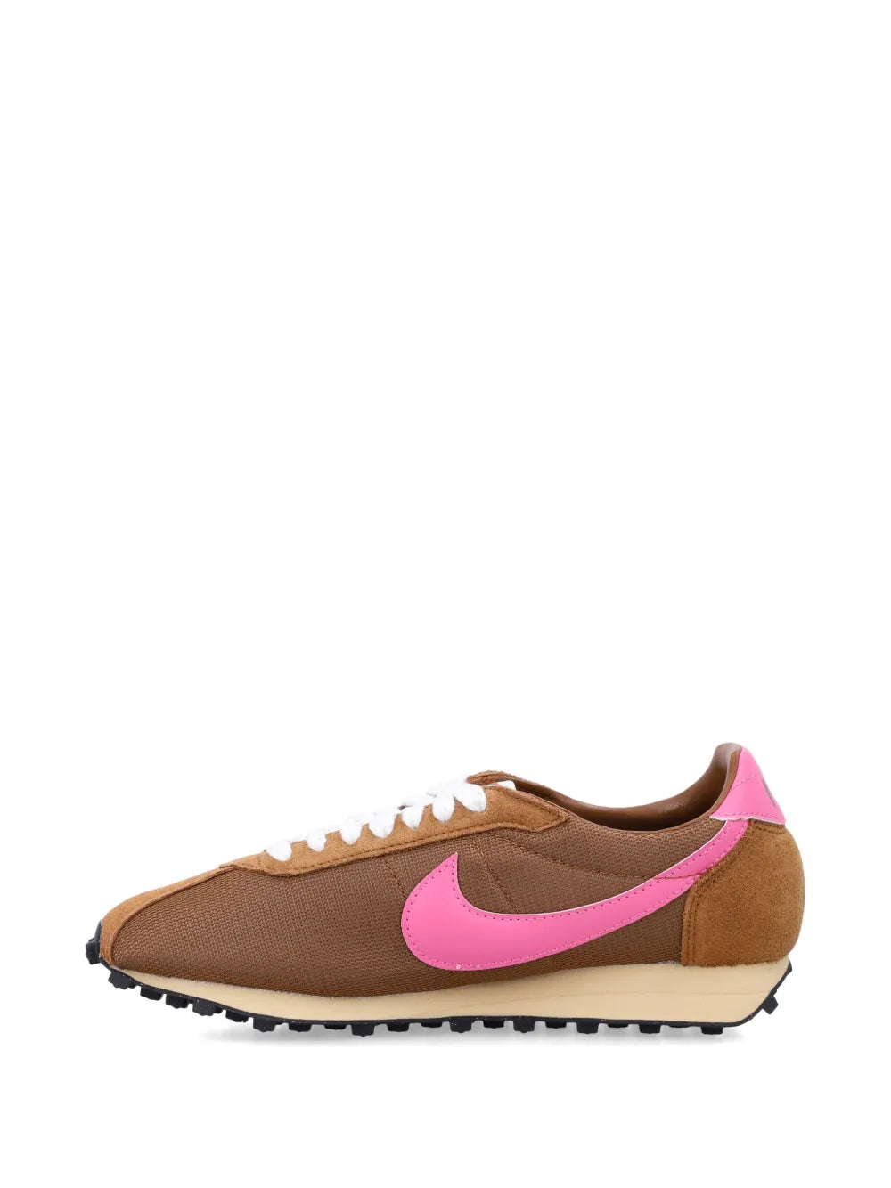 Nike LD-1000 retro running sneakers, low-profile profile view in brown with pink swoosh