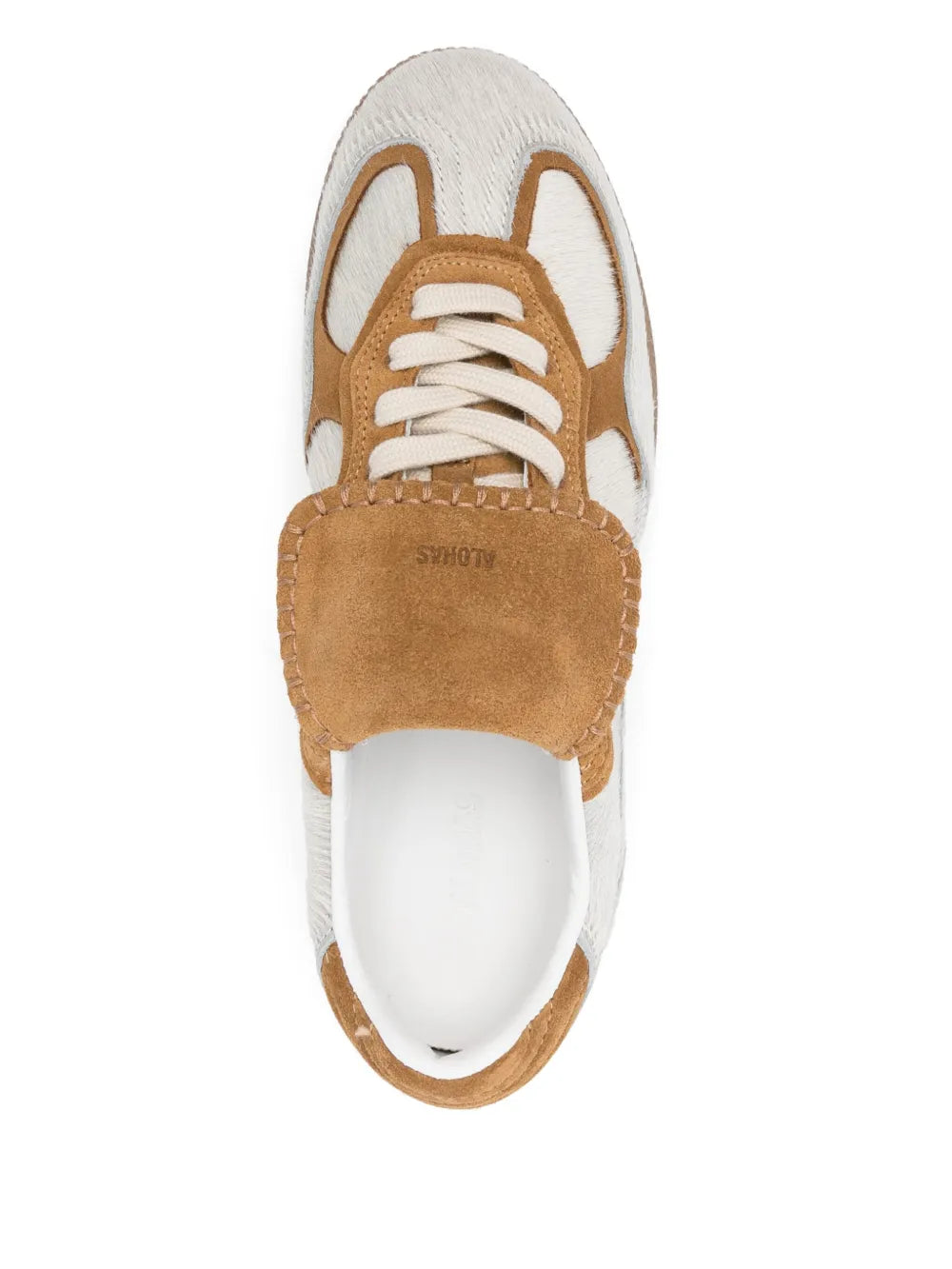 Light grey and tan lace-up sneakers with tan suede tongue and gum sole, back view