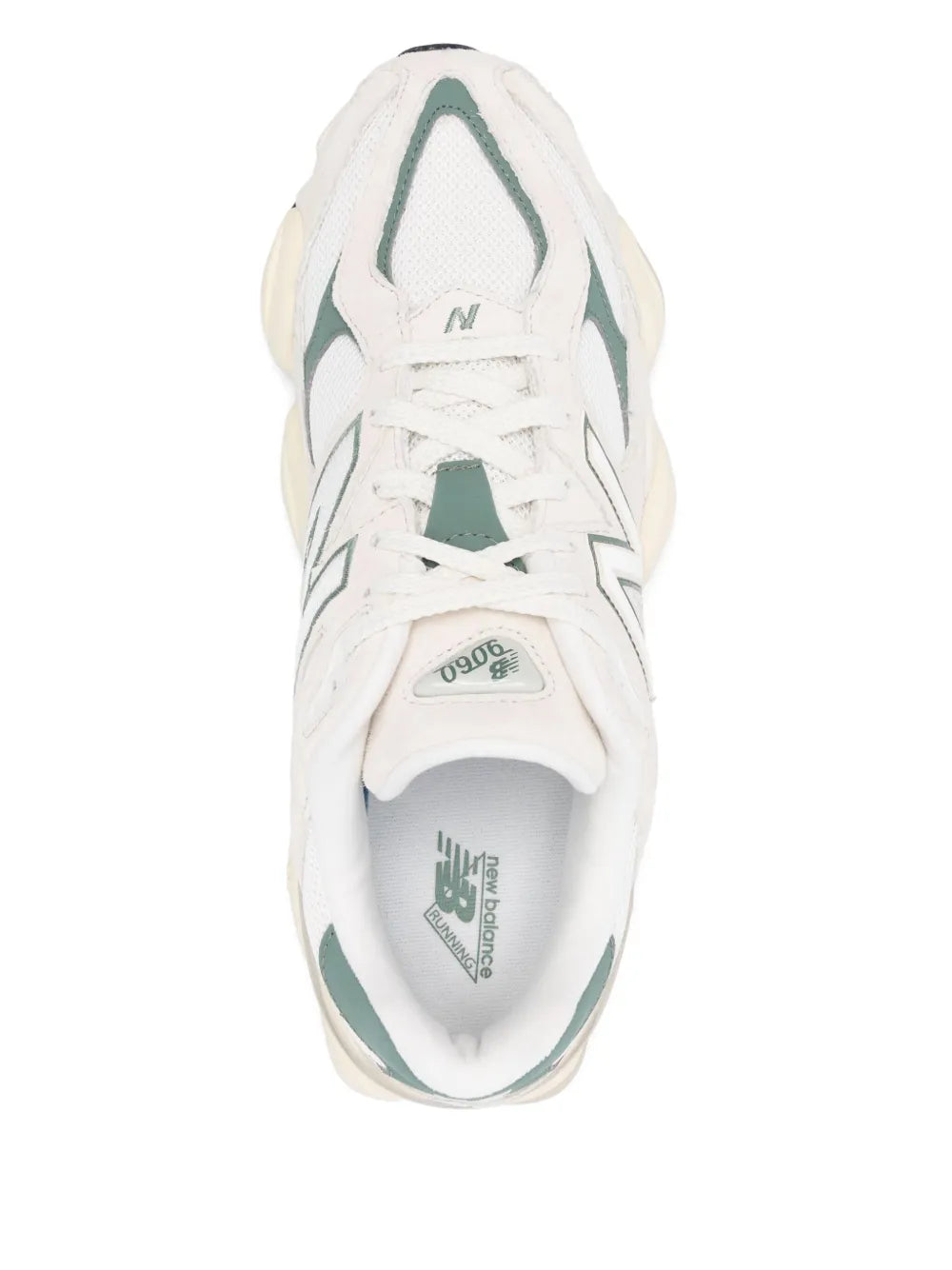 New Balance 9060 sneaker toe and lace panel, white mesh with mint-green detailing.