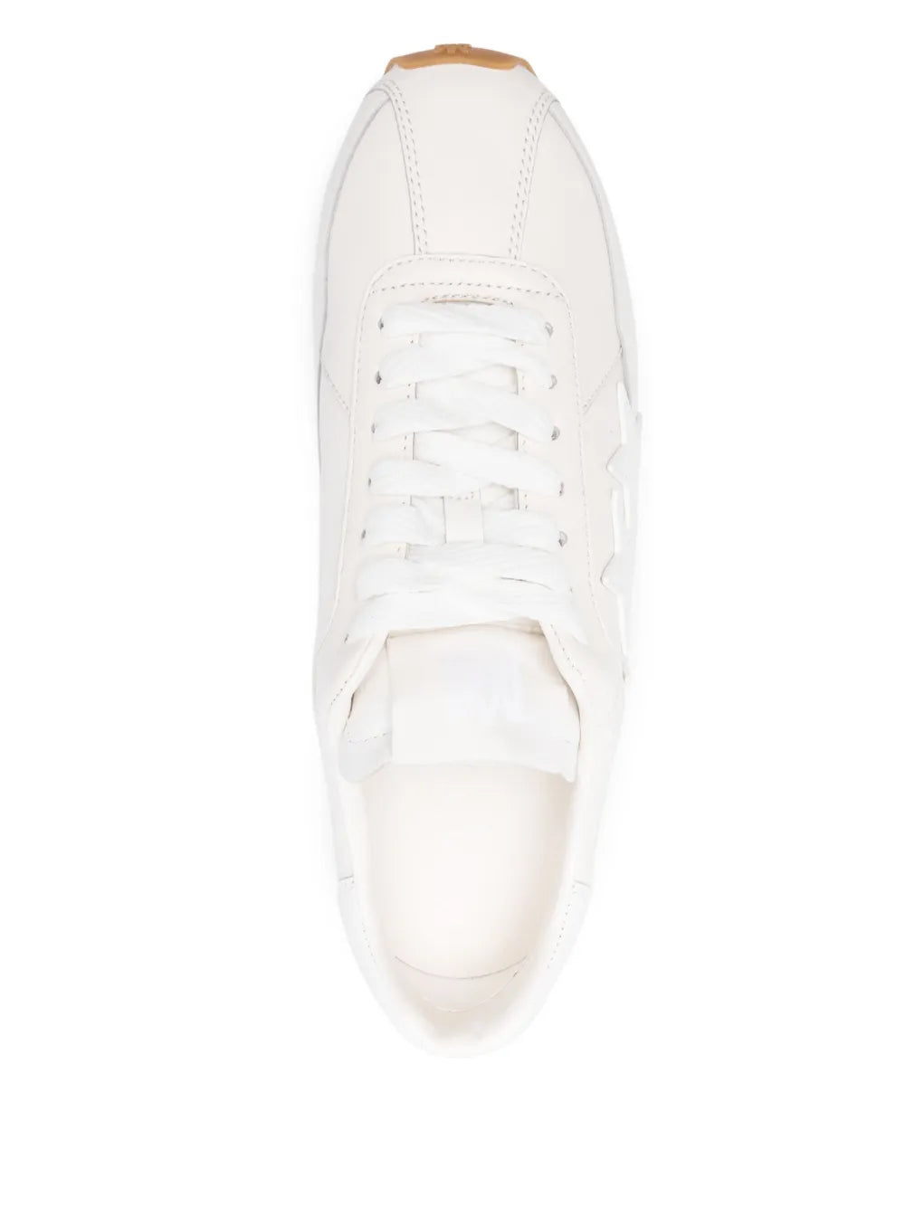 White low-top sneaker with lace-up front and padded collar, gum rubber sole