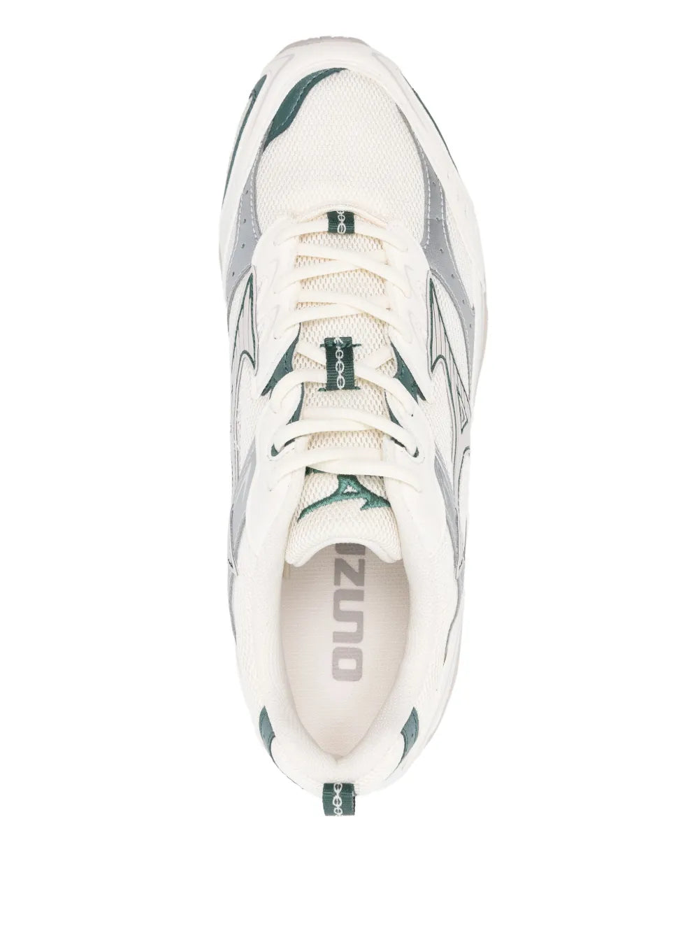 White Mizuno MRX sneaker with mesh tongue and teal interior lining, printed insole