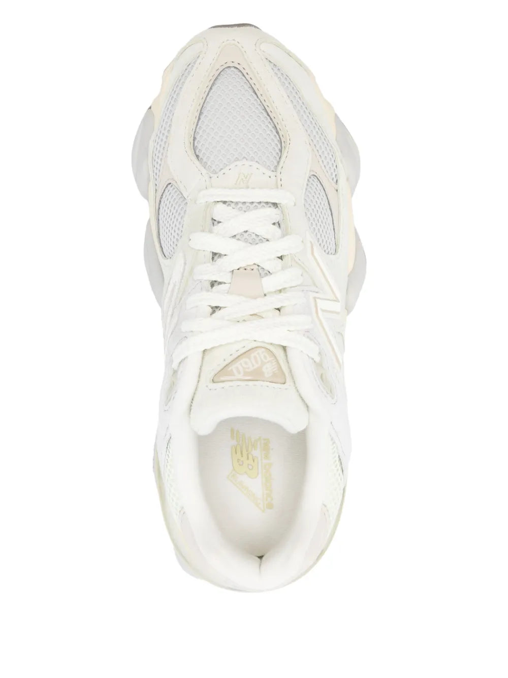 Ecru New Balance 9060 sneakers, top view with laces and padded collar