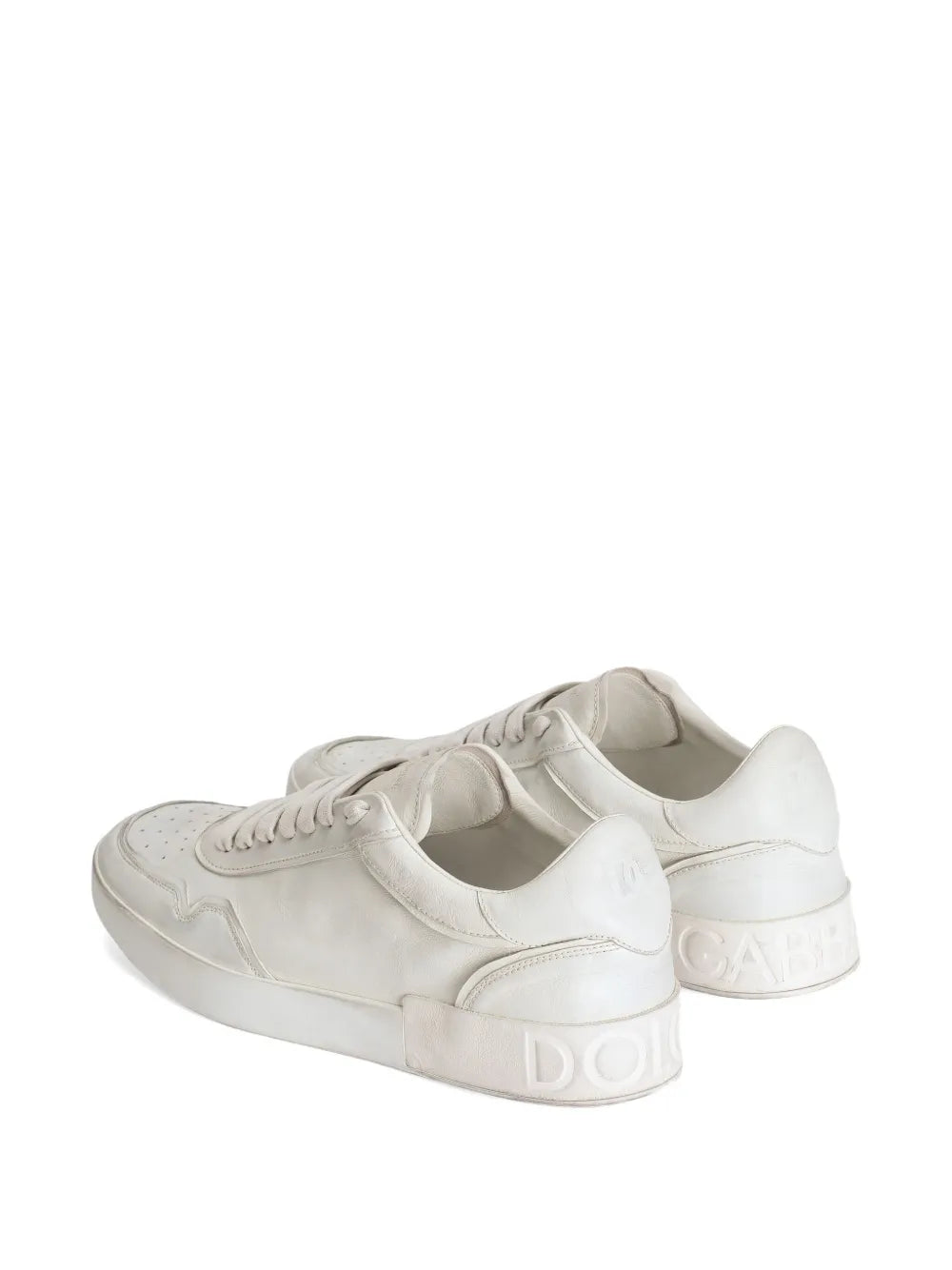 Dolce & Gabbana white leather lace-up trainers, rear view with embossed heel logo