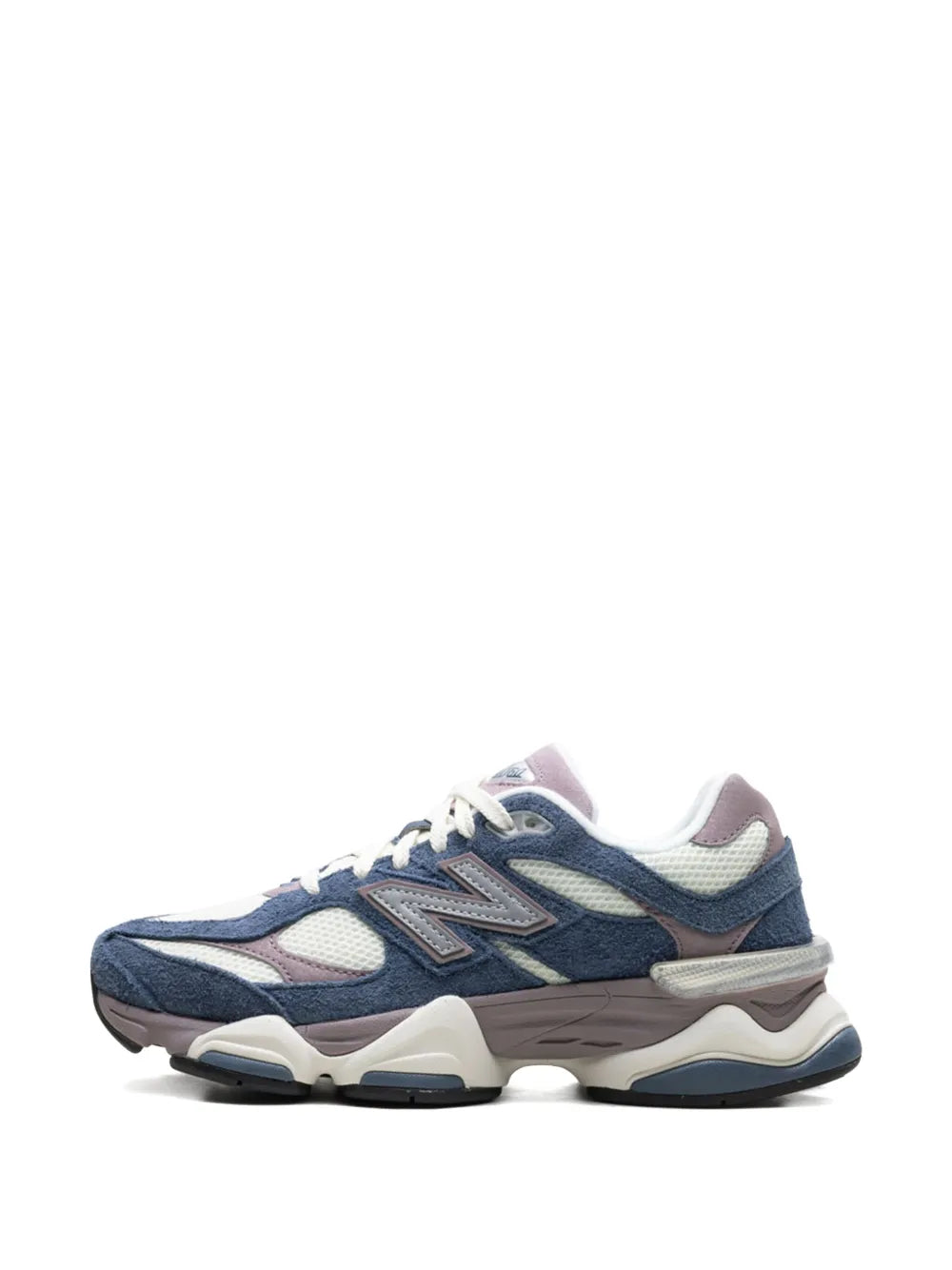 New Balance 9060 sneakers, front side view in navy with ice wine and gray panels