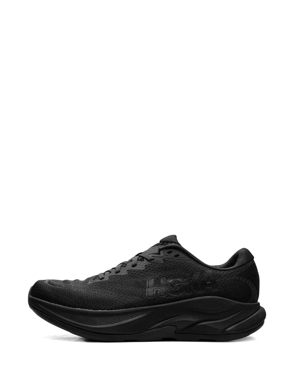Hoka Rincon 4 black running sneakers, front-side view with lace-up mesh upper