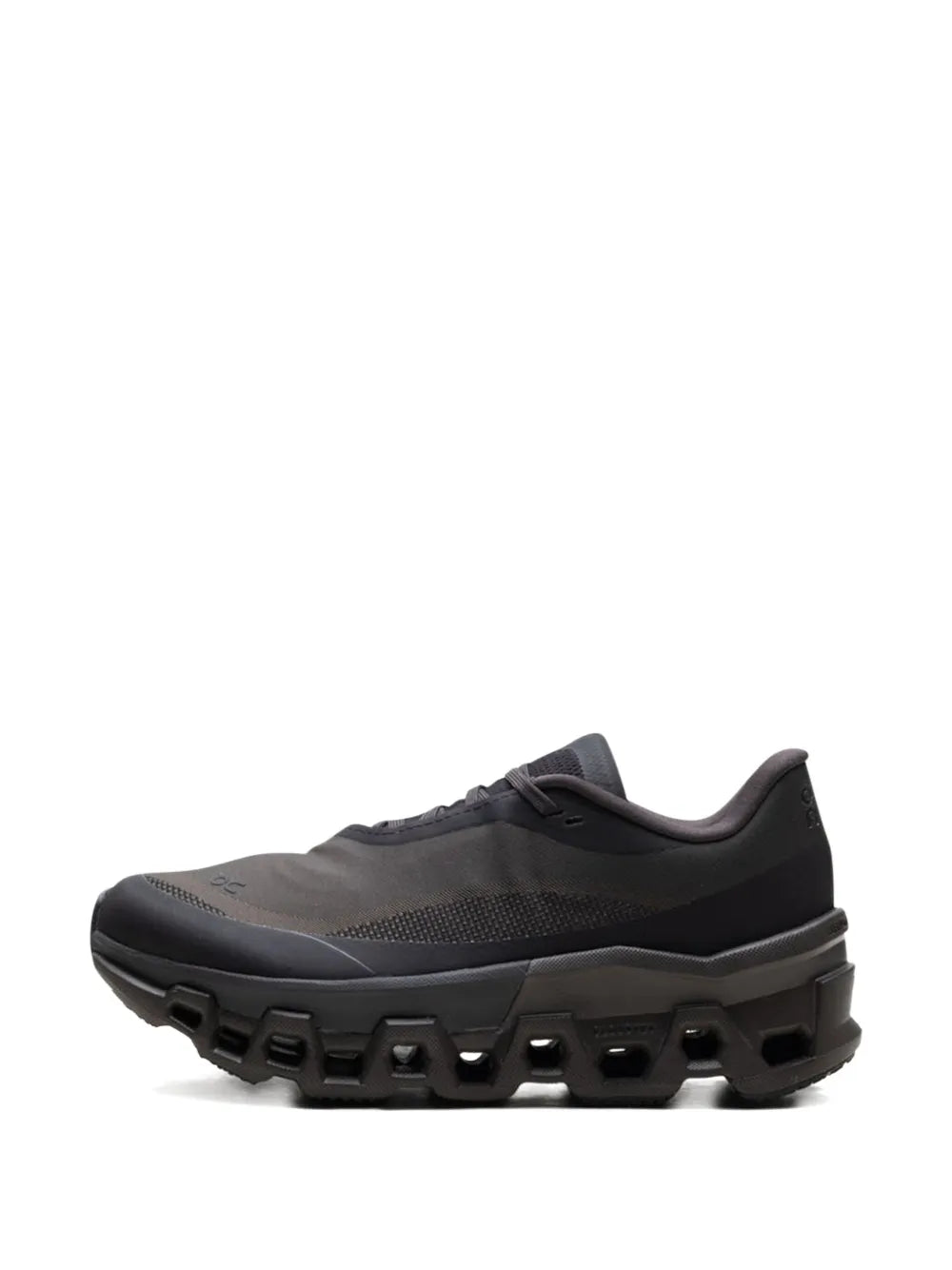 On Cloudmonster 2 women's running shoes, front view, dark lace-up upper and sculpted rocker sole