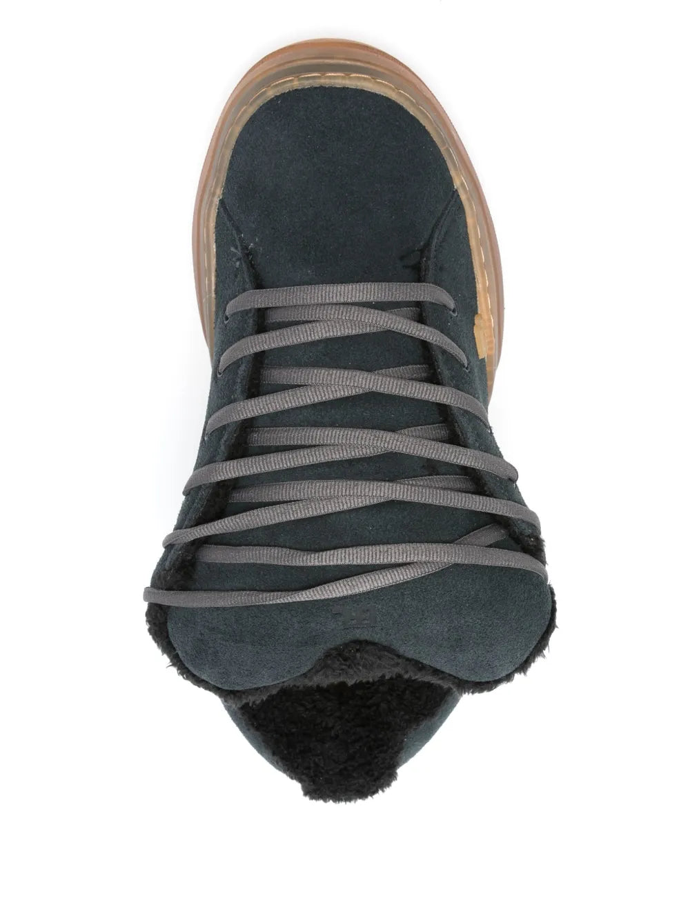 Front view of dark suede lace-up sneaker with shearling lining and gum sole