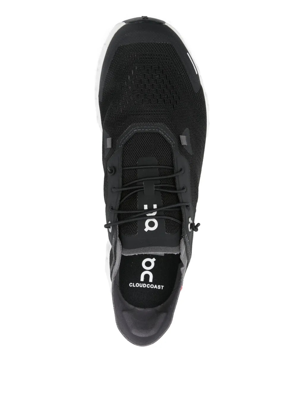 Black lace-up running shoe tongue shows On logo, with mesh upper