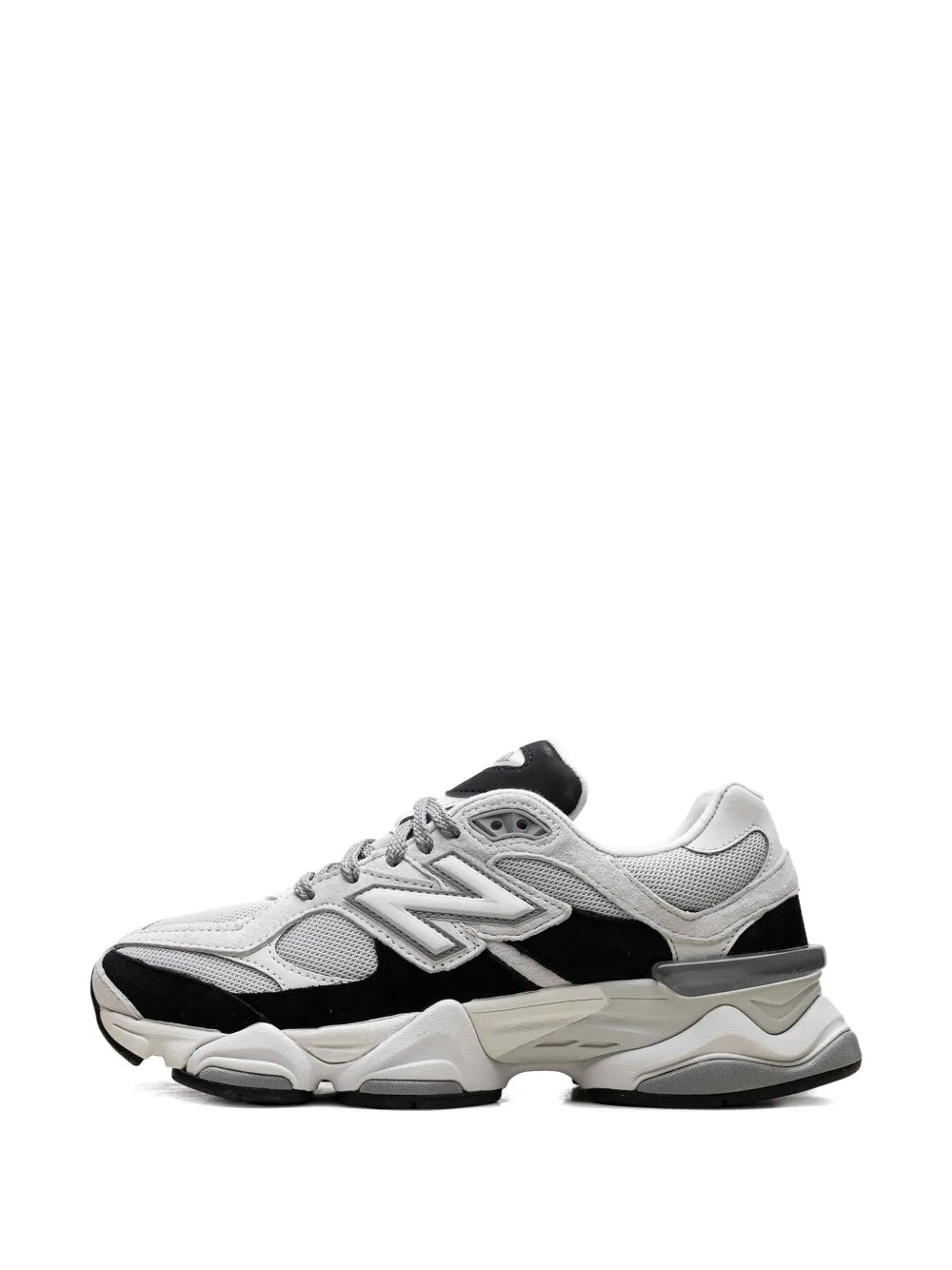 White and gray running sneaker with black overlays, N branding, and chunky sole