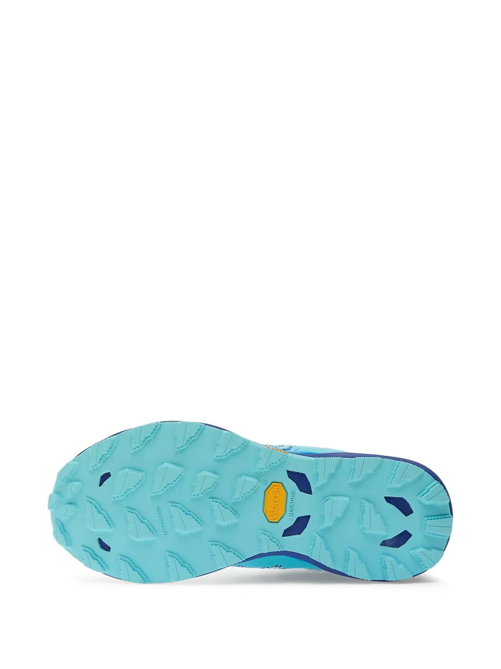Outsole of light blue trail running shoe with lug tread and blue heel