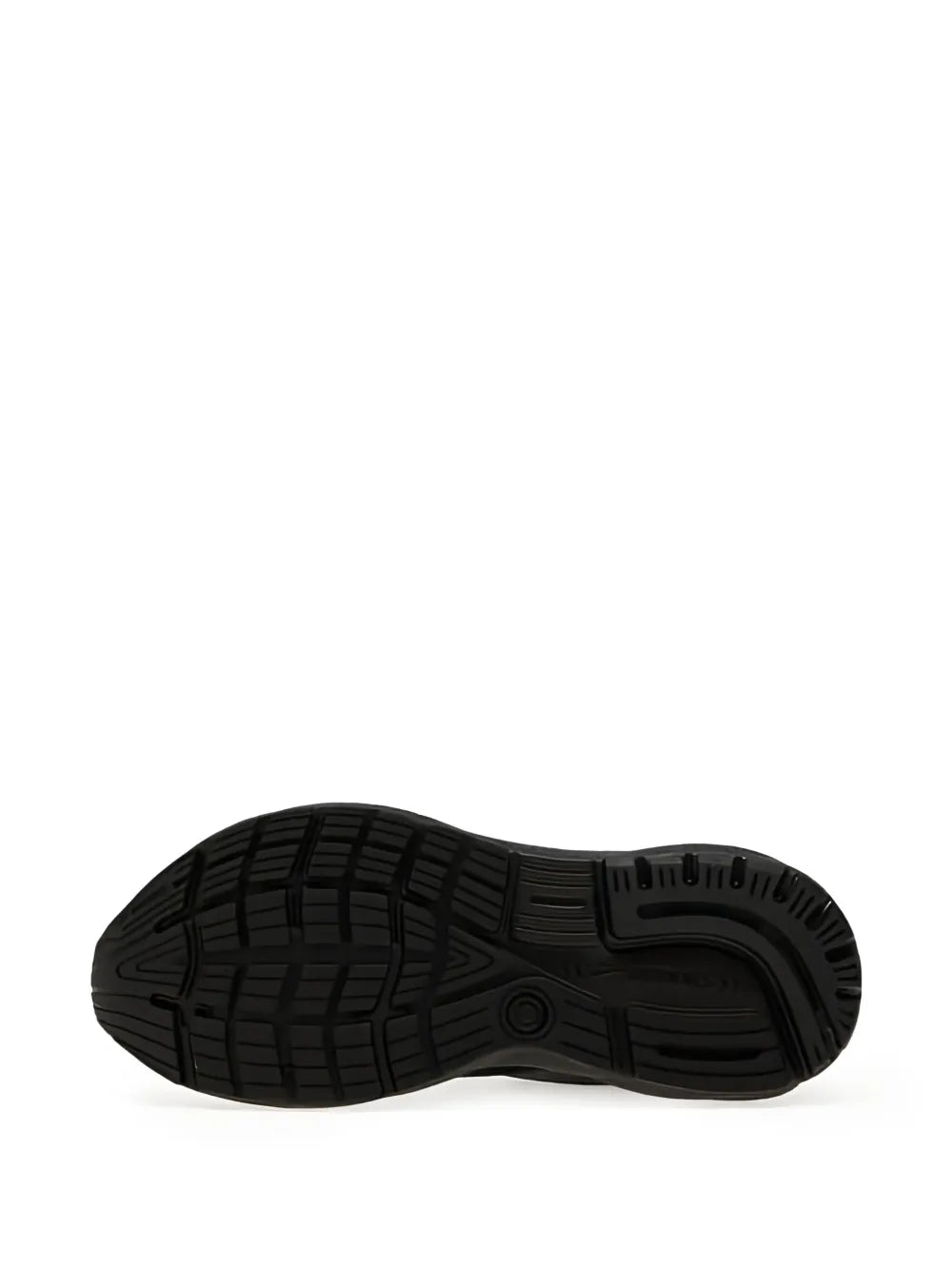Black rubber outsole tread pattern underside of running shoe