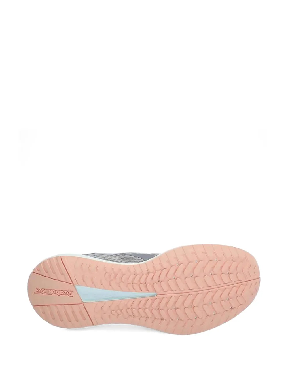 Grey running shoe outsole with pink traction tread and light blue sidewall
