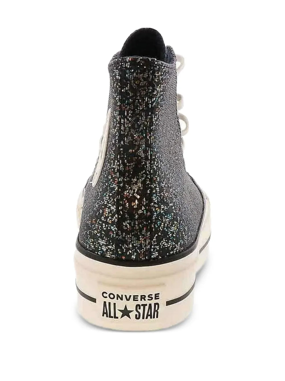 Glitter black high-top sneaker heel view with Converse All Star branding and rubber sole