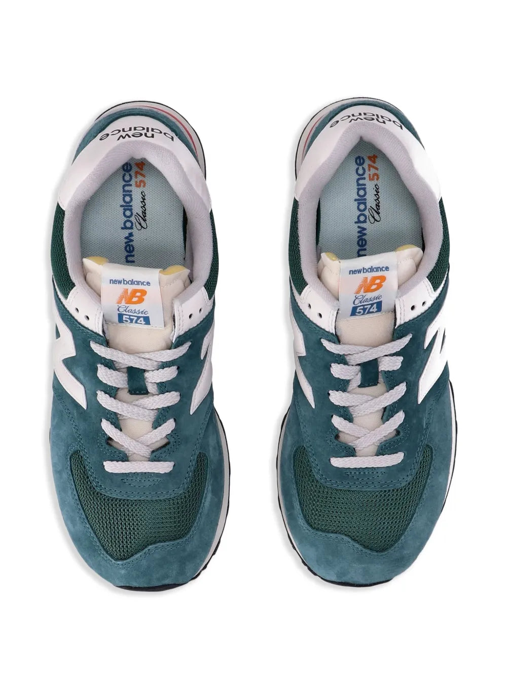Teal-green New Balance sneakers, open tongue and white laces visible